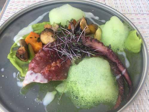 lovka hobotnice na grahovem pireju s peteršiljevim zrakom.