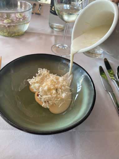 Dimljena postrv s parmezanovo skorjico in kislo smetano.