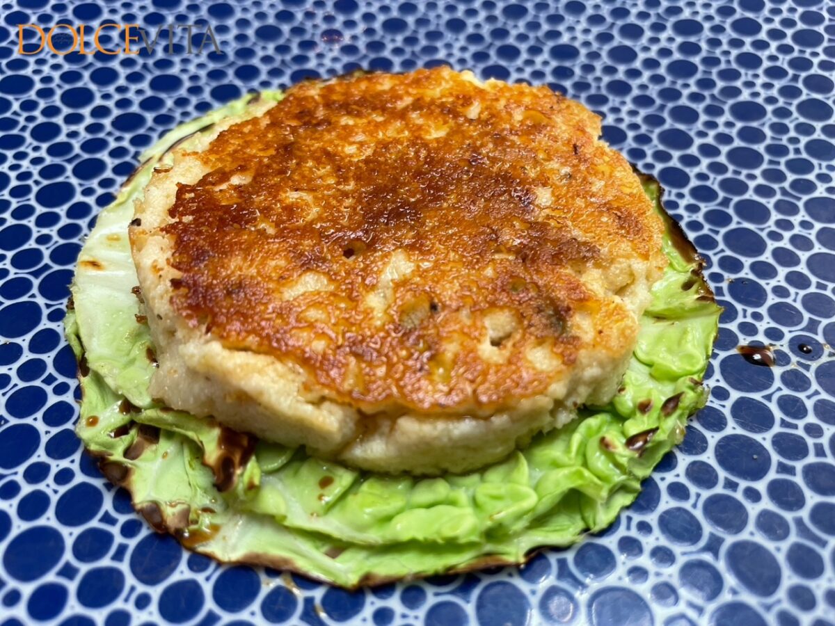 Botarga iz kirnje na pečenem ohrovtu.