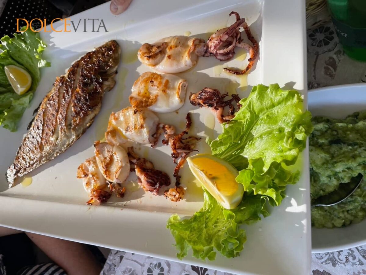 Brancin in lignji na žaru.